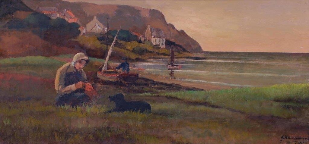 John A. Hammond (1843-1939) - Woman Sewing By The Sea; 1884