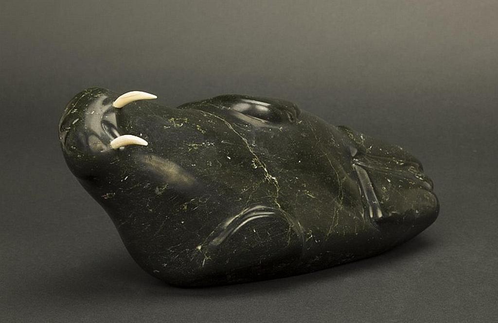 Terry Irqittuq - Hall Beach a black stone carving of a basking walrus with bone tusks