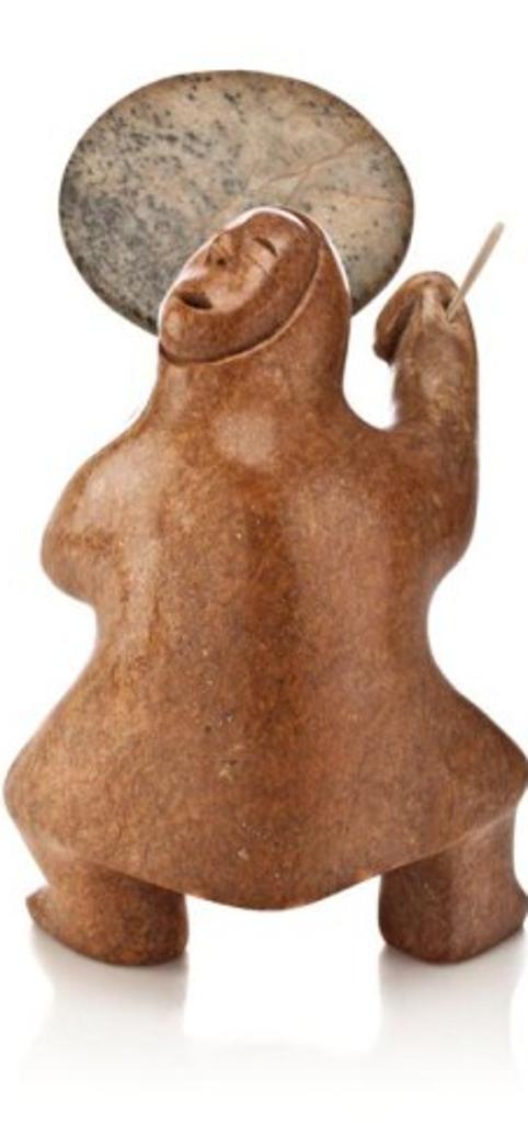 Abraham Anghik Ruben (1951) - Paulatuk/Salt Spring Island, Drummer, 2001, Orange-brown stone, antler and metal