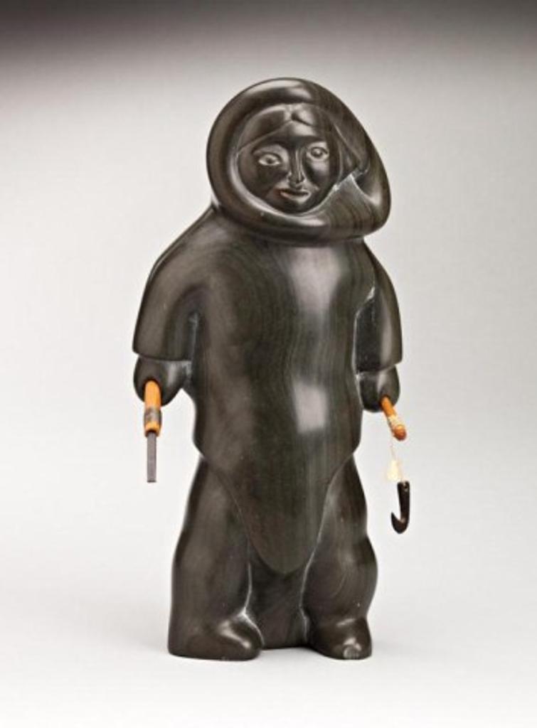 Allie Appaqaq (1915-1986) - Sanikiluaq, Fisherwoman with ice chisel and jigger, ca. early 1970s, dark green stone, wood, baleen