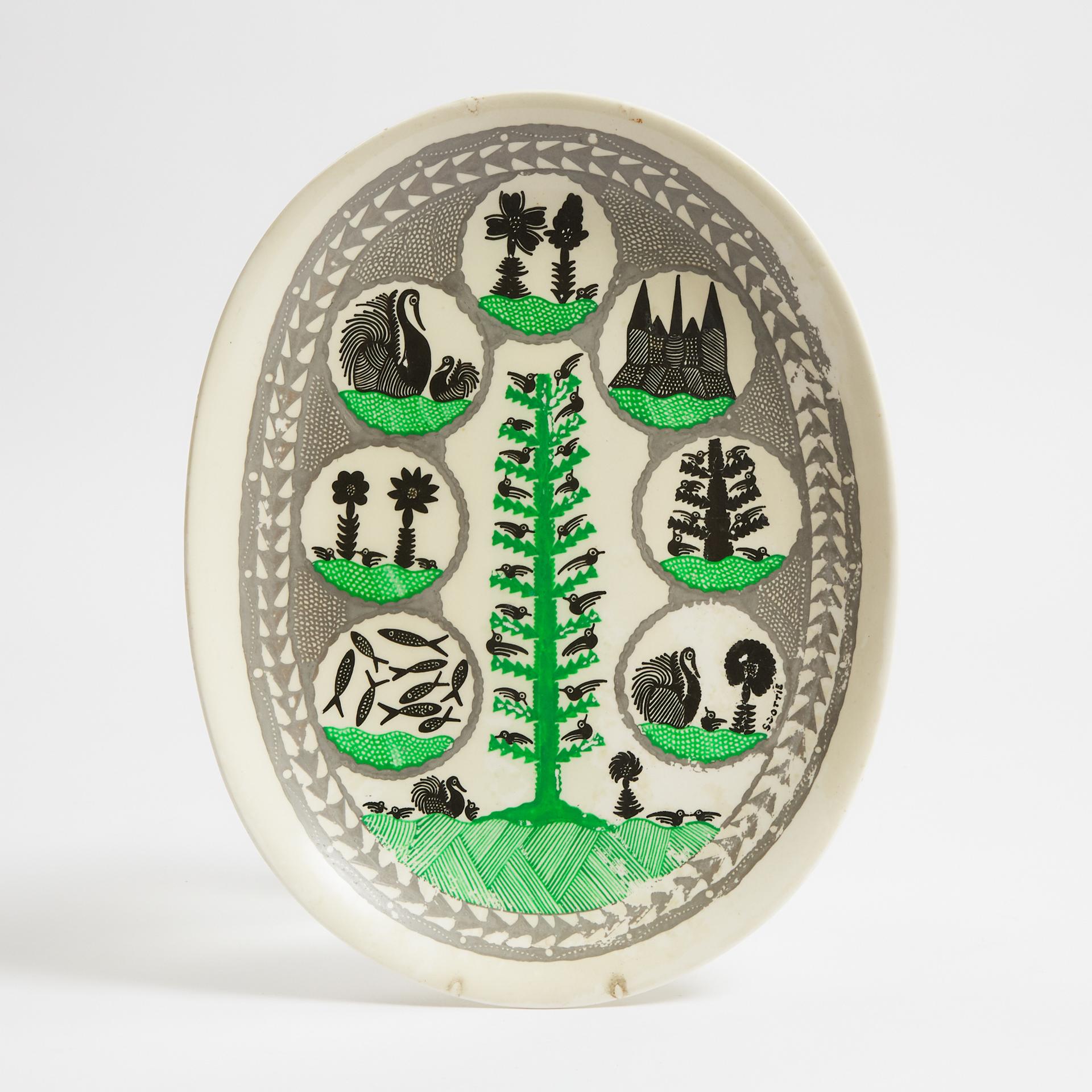 Robert (Scottie) Wilson (1891-1972) - Oval Platter With Tree, Swans, Fish And Castle, Circa 1960s