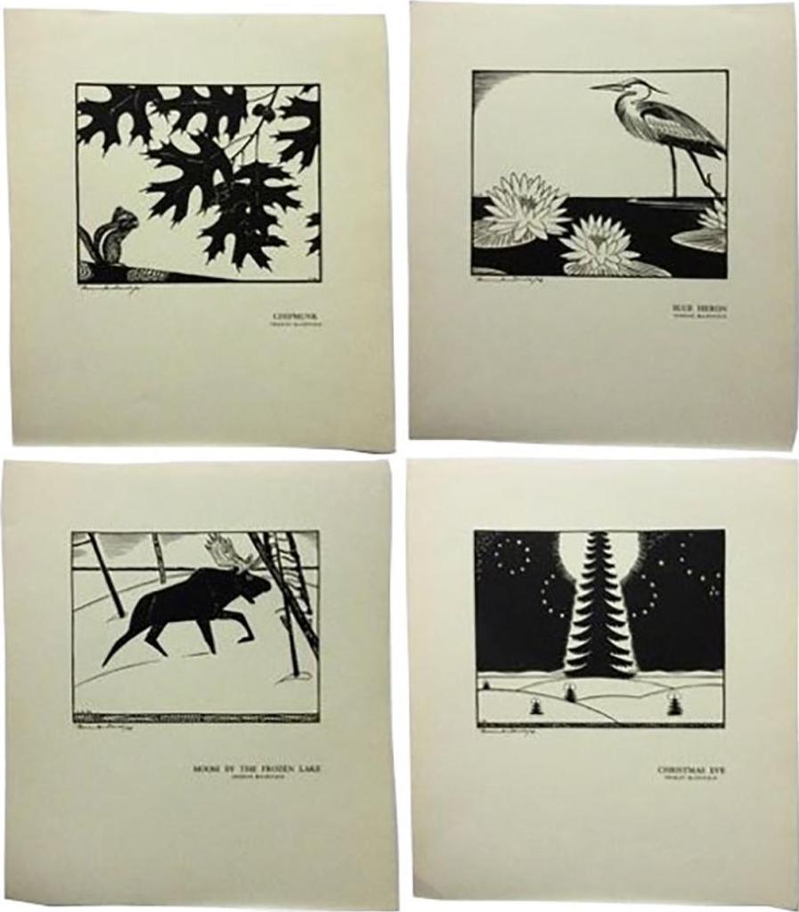 Thoreau MacDonald (1901-1989) - Chipmunk; Blue Heron; Moose By Frozen Lake; Christmas Eve