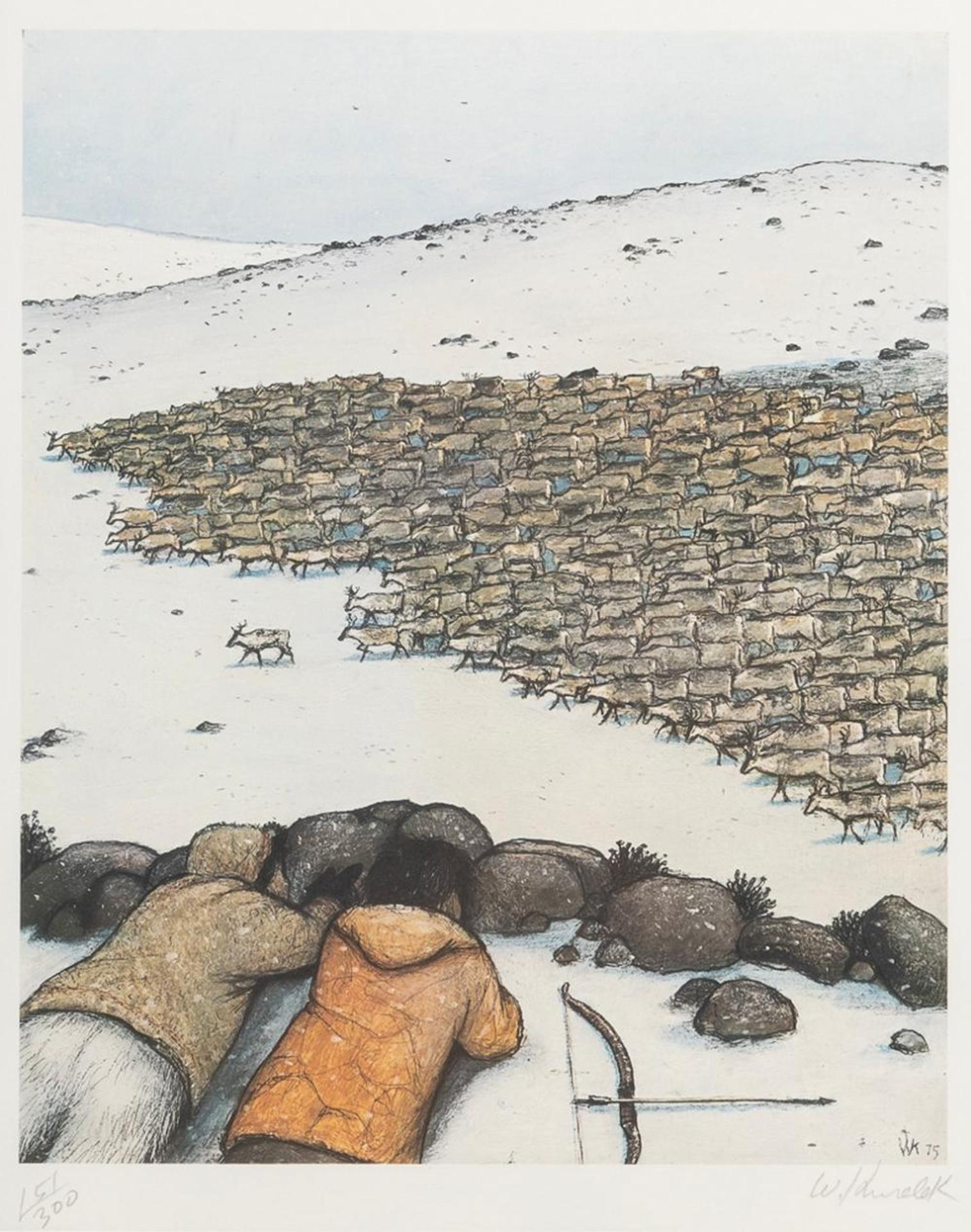 William Kurelek (1927-1977) - Stalking Migrating Caribou