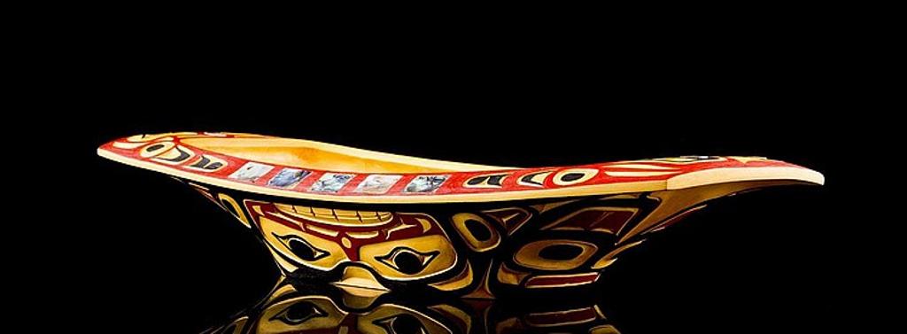 J. Bradley Hunt - a carved and polychromed yellow cedar fest bowl depicting images of Eagle
