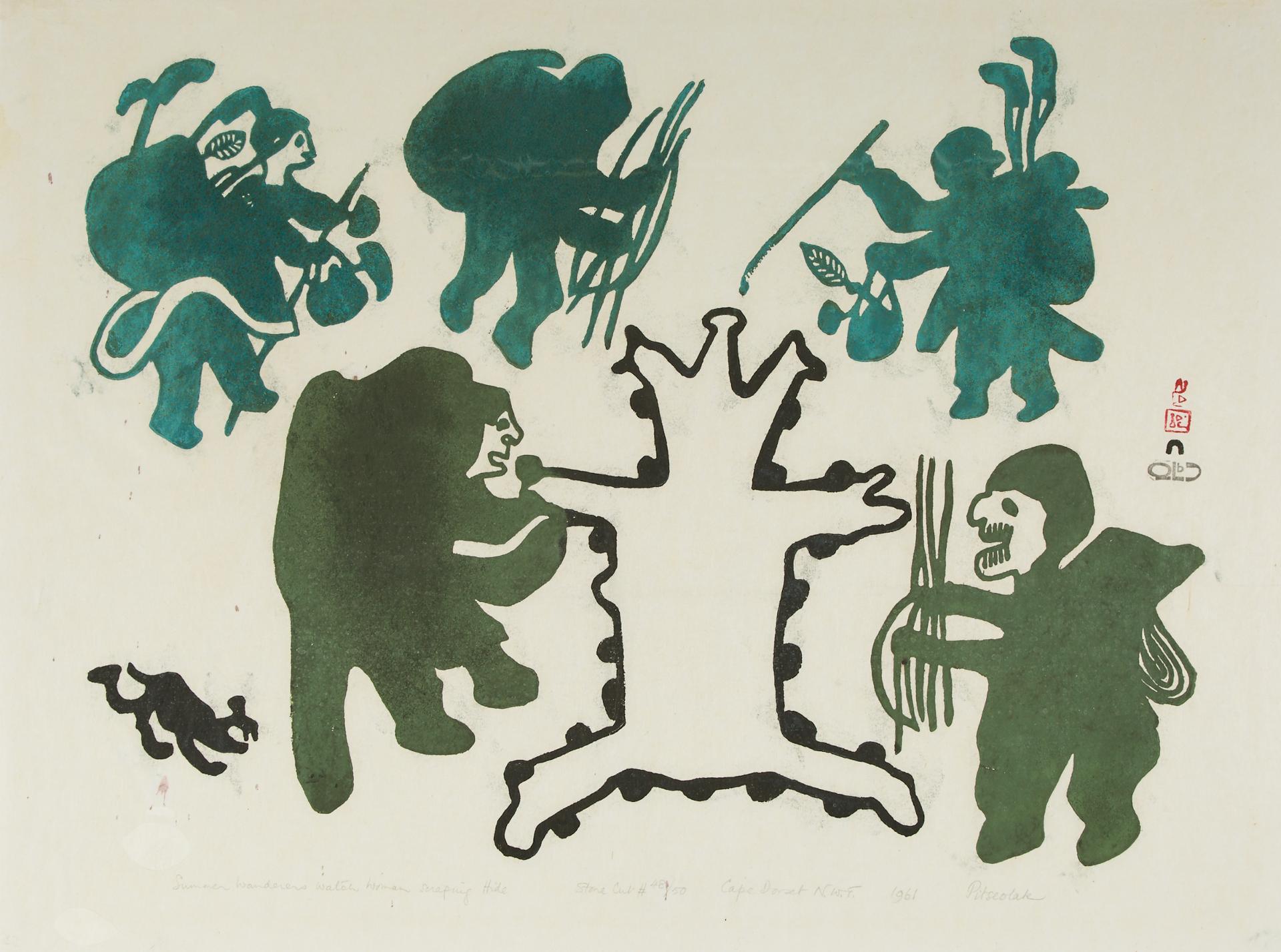 Pitseolak Ashoona (1904-1983) - Summer Wanderers Watch Woman Scraping Hide