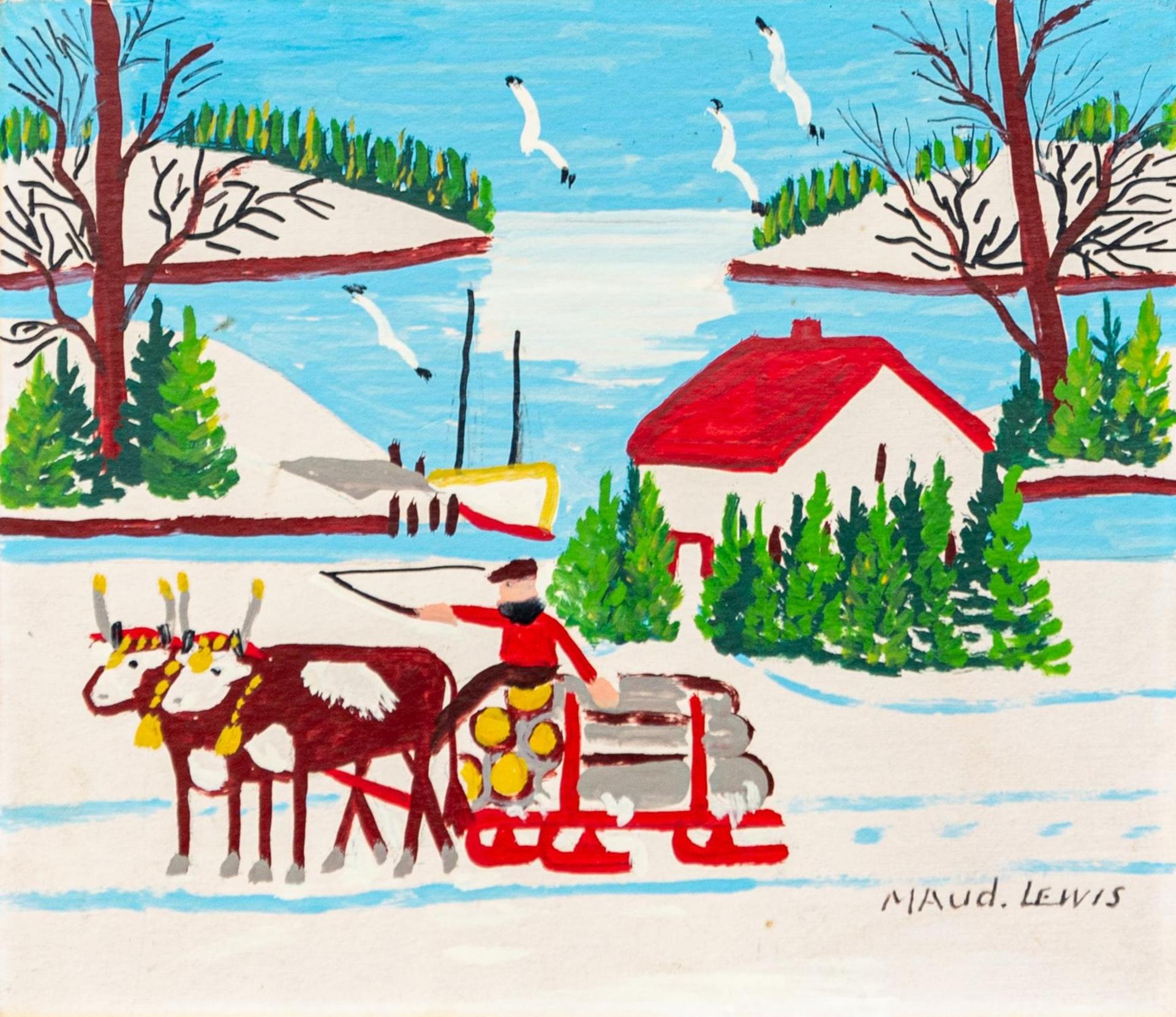 Maud Kathleen Lewis (1903-1970) - Oxen Hauling Logs at Sandy Cove, 1967