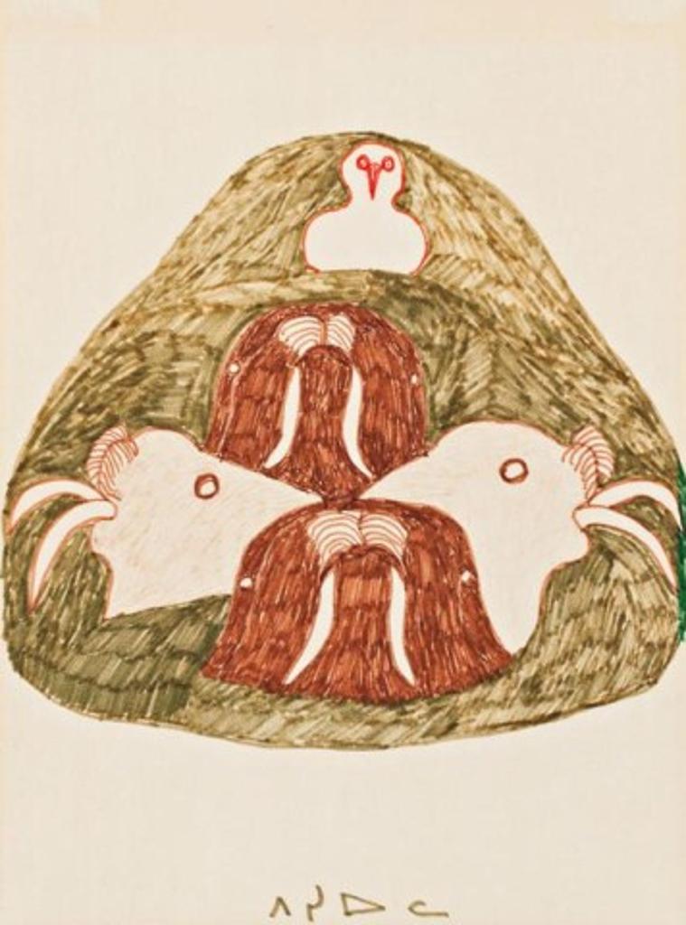 Pitseolak Ashoona (1904-1983) - Untitled (Walruses and Bird),, Ca. late 1960s, Felt-tip pen drawing