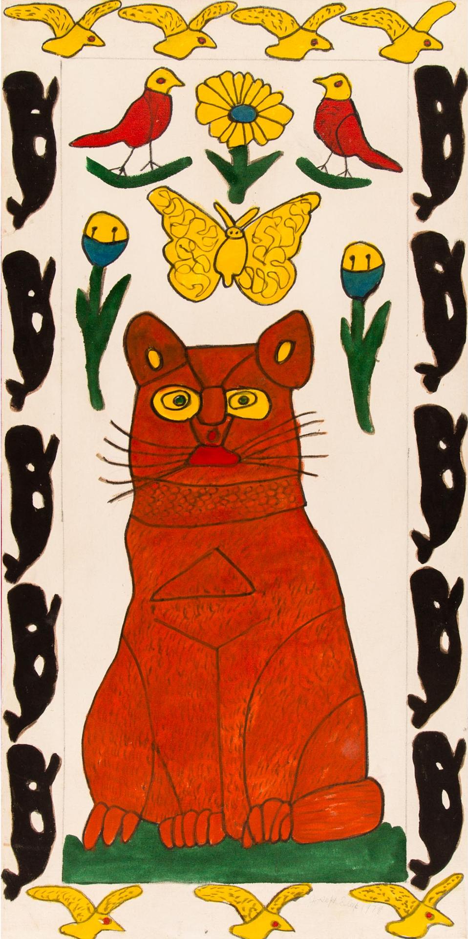 Joseph Sleep (1914-1978) - Cat Portrait With Flowers, Birds And Whales, 1978
