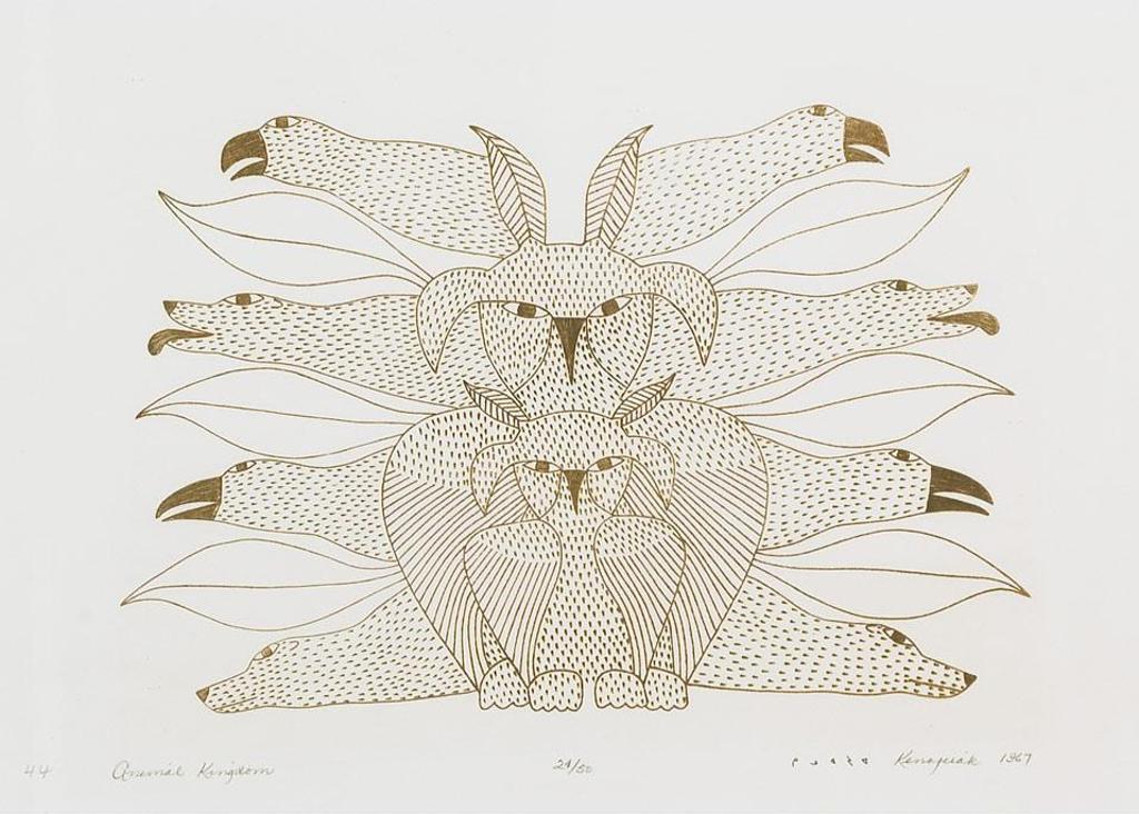 Kenojuak Ashevak (1927-2013) - A Portfolio Commemorating The Centennial Year: Bird Image, Animal Kingdom, Hawk Combating Spirit, Bird With Spirits, Arctic Scene, Composition