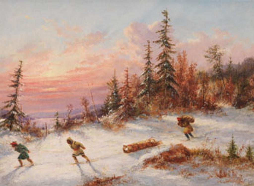 Cornelius David Krieghoff (1815-1872) - Indian Hunters Crossing a Winter Clearing at Sunset