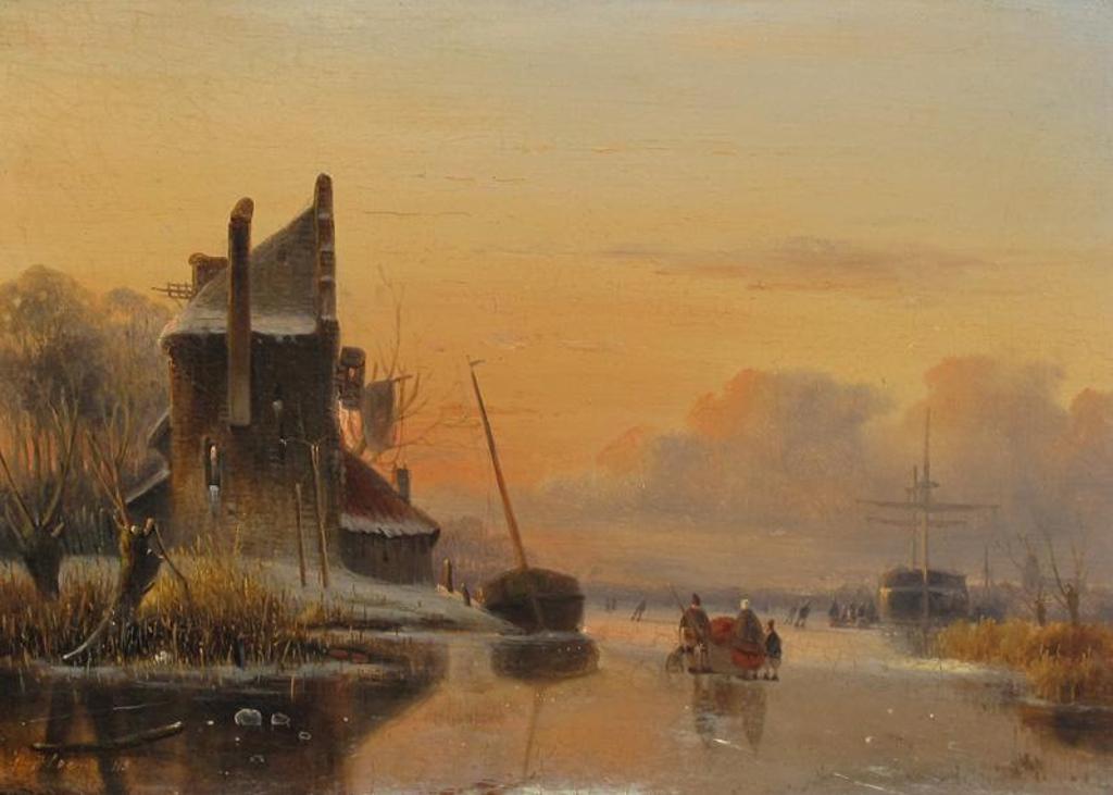 Cornelis Petrus 't Hoen (1814-1880) - Winter Landscape With Figures On A Frozen River; 1845