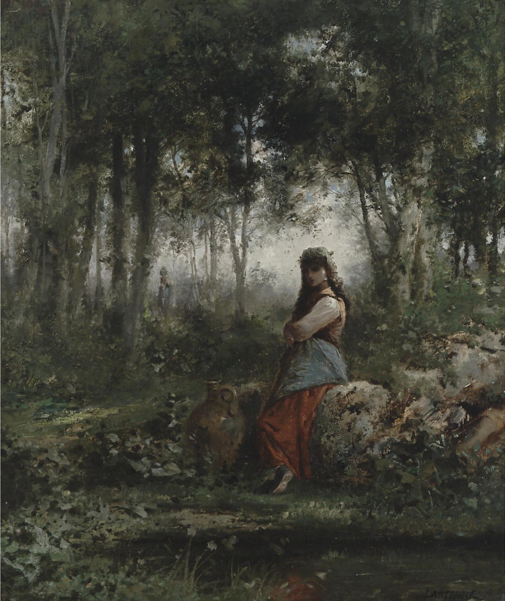 Henri Langerock (1830-1915) - Maiden Collecting Water By A Pool