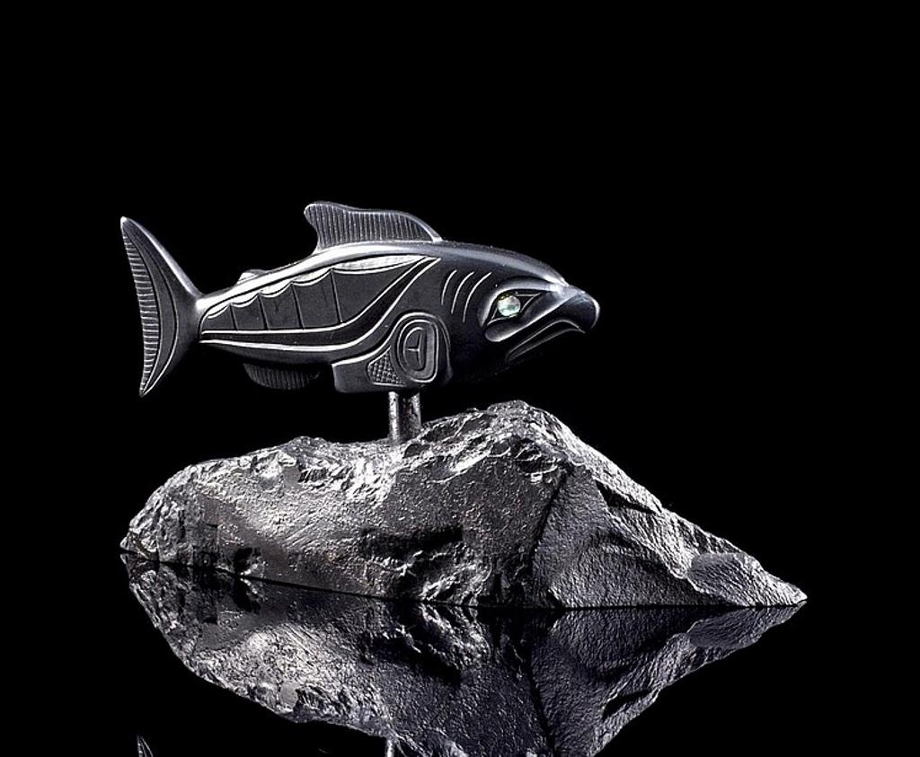 Glen Pollard (1957) - an argillite carving of Haida Salmon mounted on uncarved argillite base