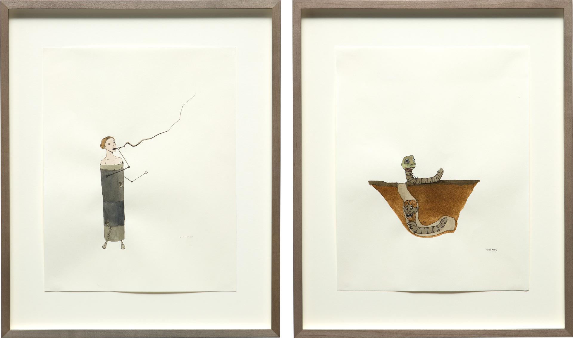 Marcel Dzama (1974) - Untitled (Smoking Robot Woman) & Untitled (Two Worms)