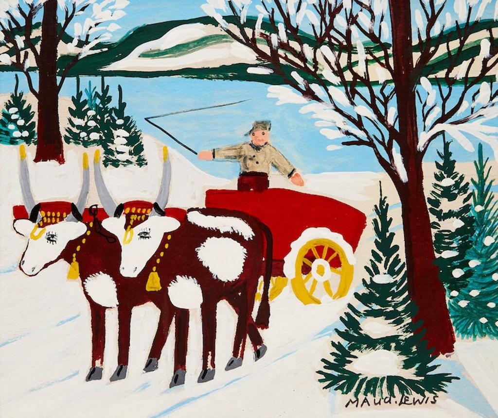 Maud Kathleen Lewis (1903-1970) - Two Oxen with Red Cart, Winter