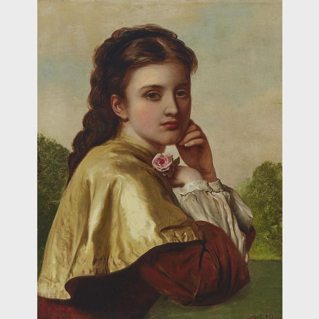 Paul Peel (1860-1892) - Lady In Satin Cape With Pink Rose, Ca. 1880