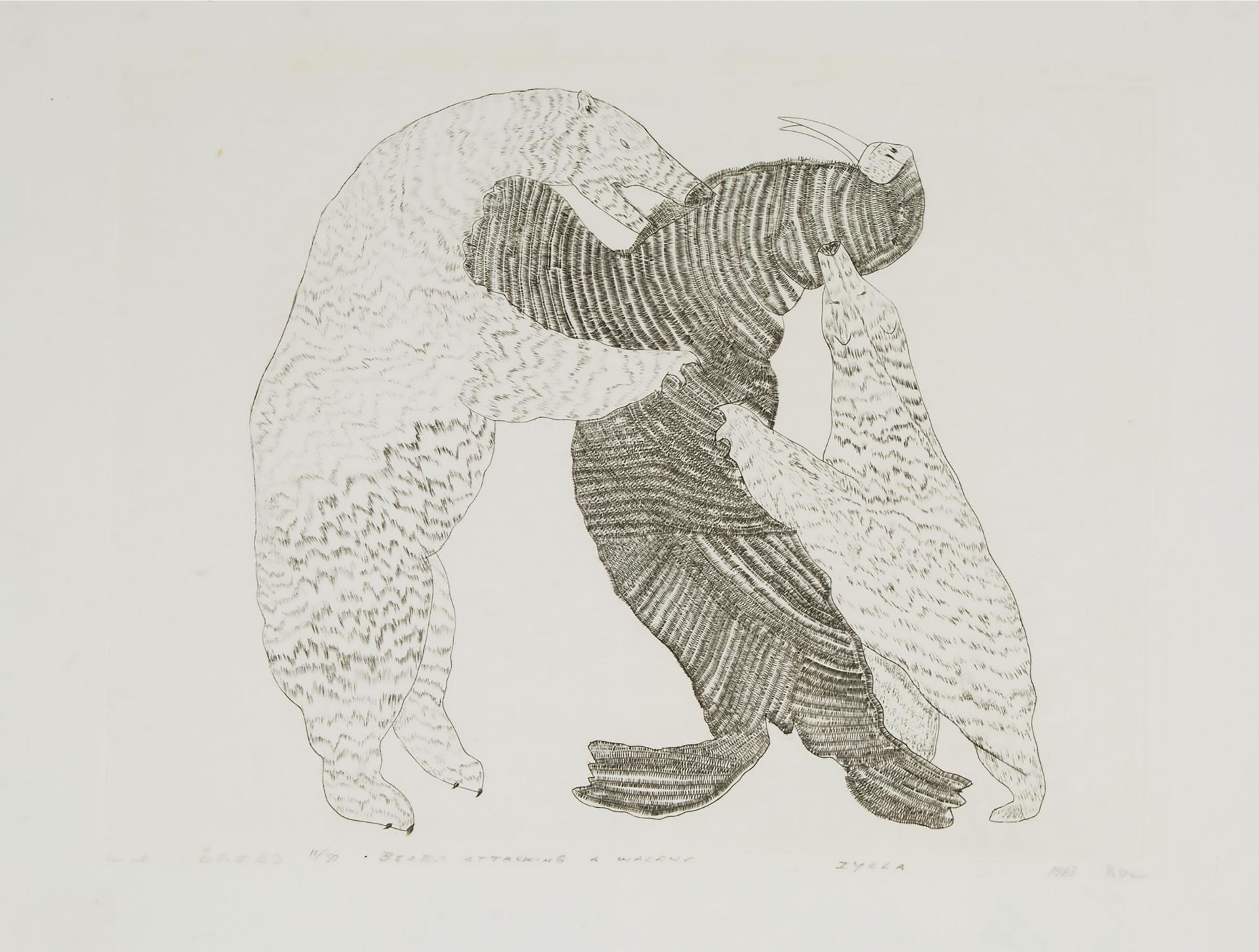 Iyola Kingwatsiak (1933-2000) - Bears Attacking A Walrus