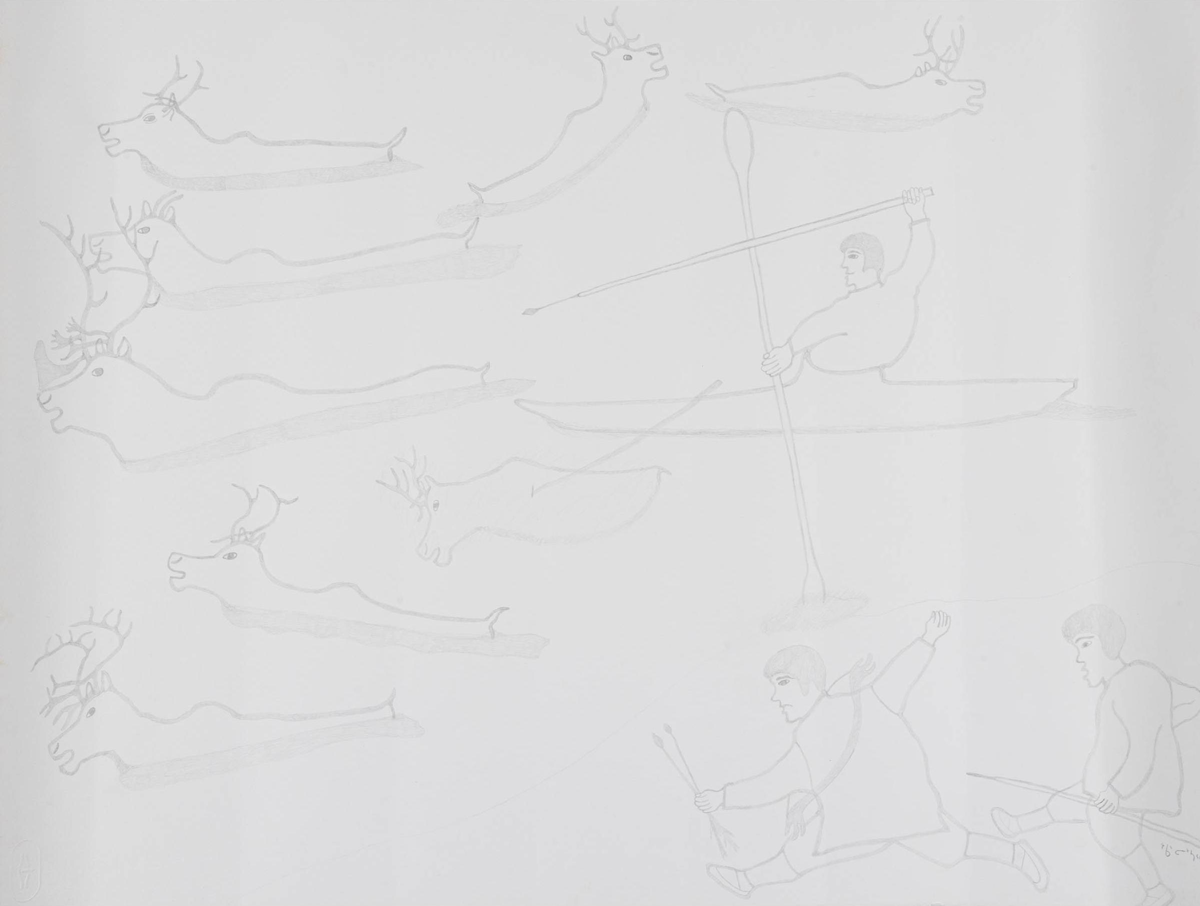 Harold Qarliqsaq (1928-1980) - Kayaks And Swimming Caribou, 1978