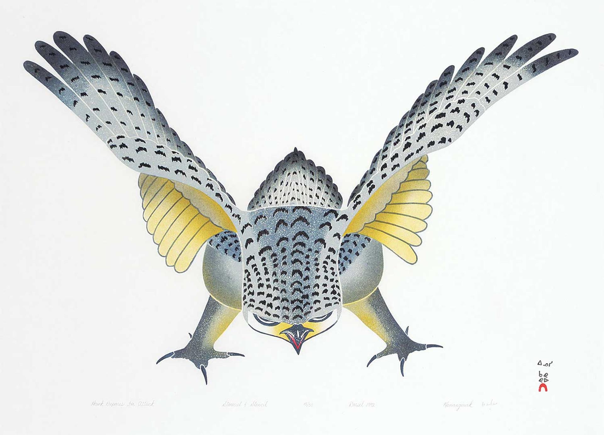 Kananginak Pootoogook (1935-2010) - Hawk Prepares for Attack  #15/50