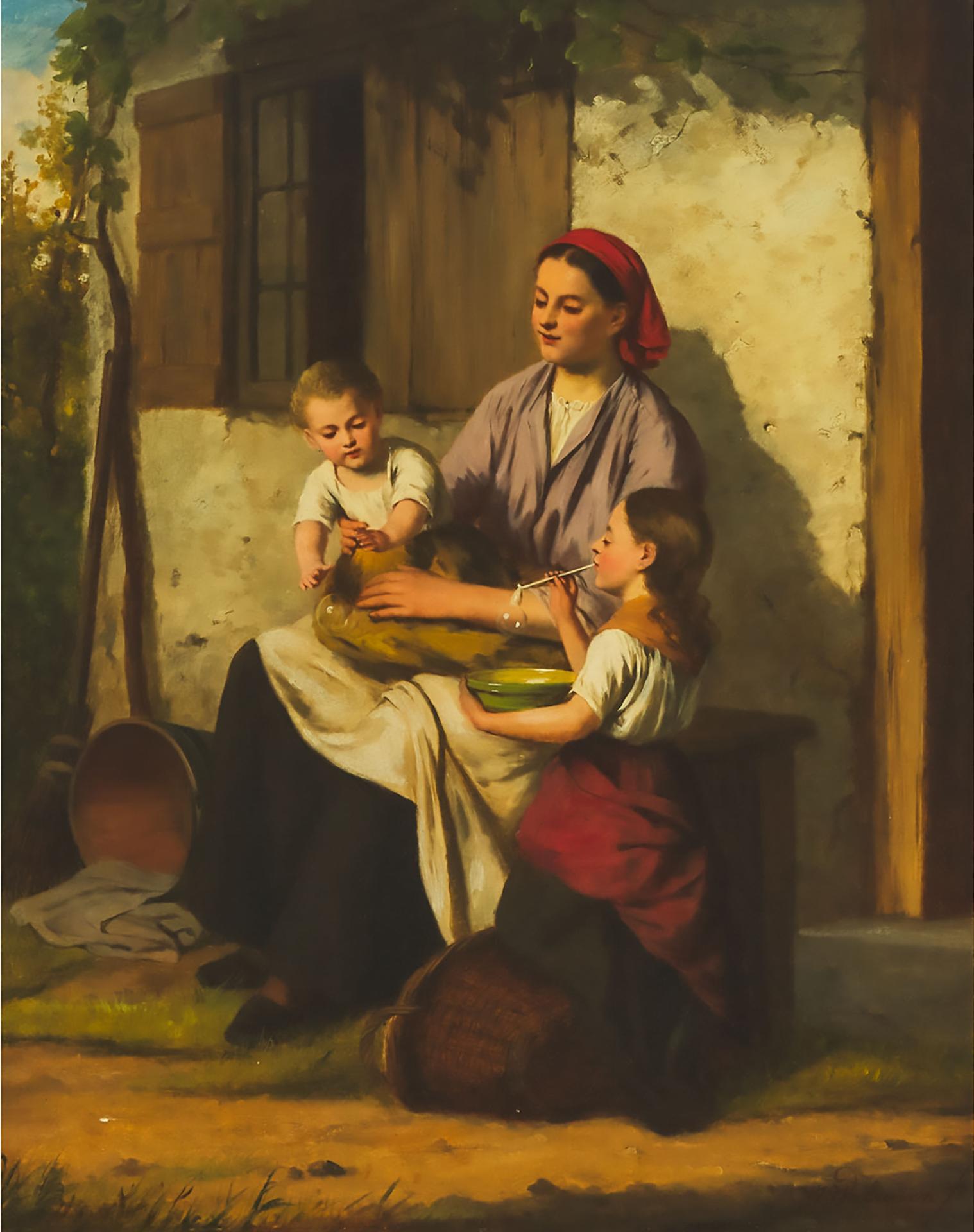 Jan Walraven (1827-1863) - Blowing Bubbles With Baby