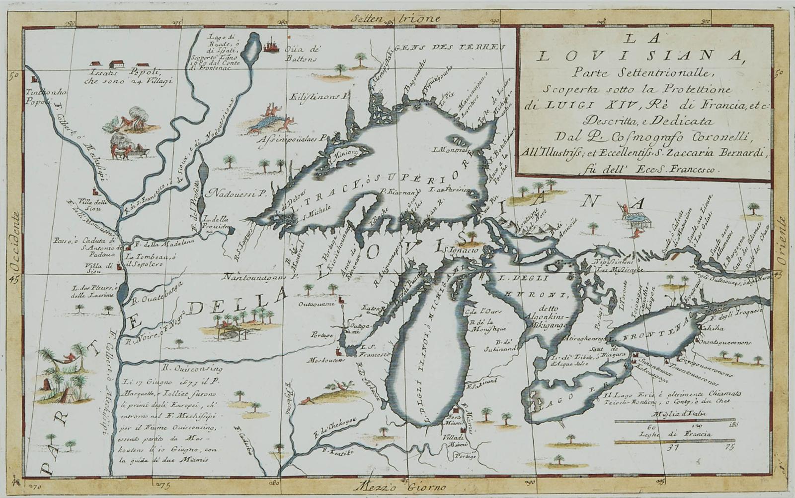 Vincenzo Mari Coronelli (1650-1718) - La Louisiana, Parte Settentrionalle, Scoperta Sotto La Protettione Di Luigi Xiv, Re Di Francia, Etc.