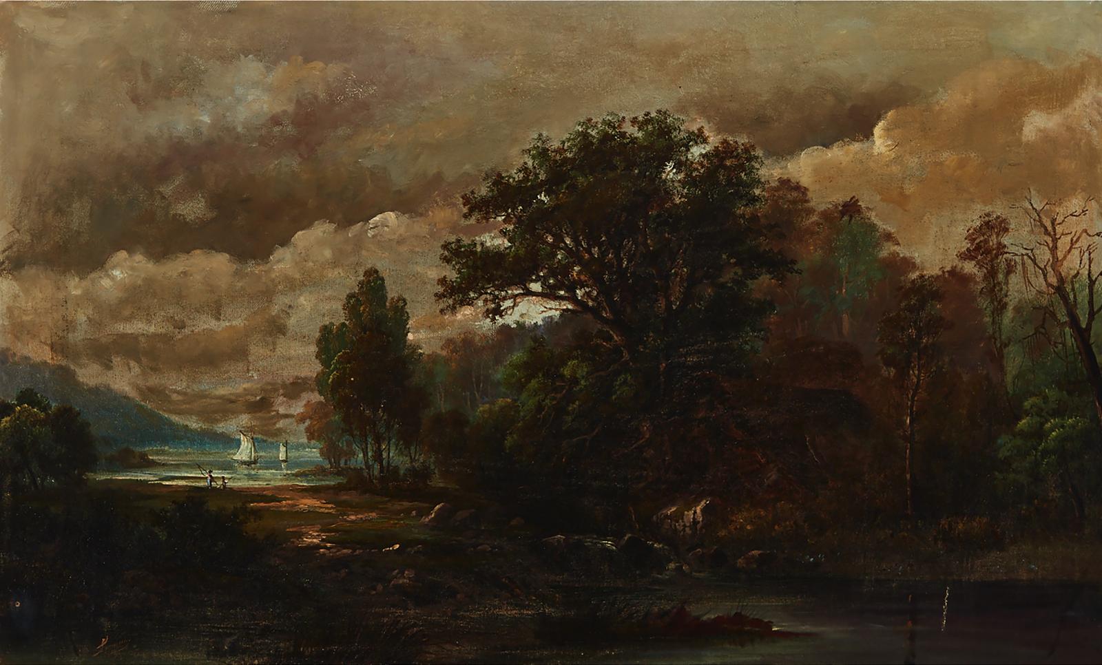 Alexander Francois Loemans (1816-1898) - River Landscape With Figures Fishing On Shore Watching Boats