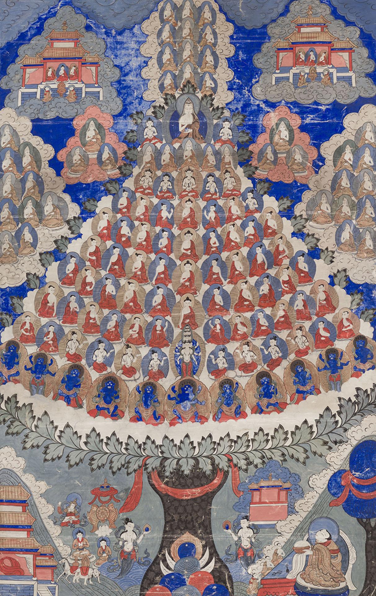 Tibetan Art - A Large Tibetan Thangka of a Refuge Tree, 19th/20th Century