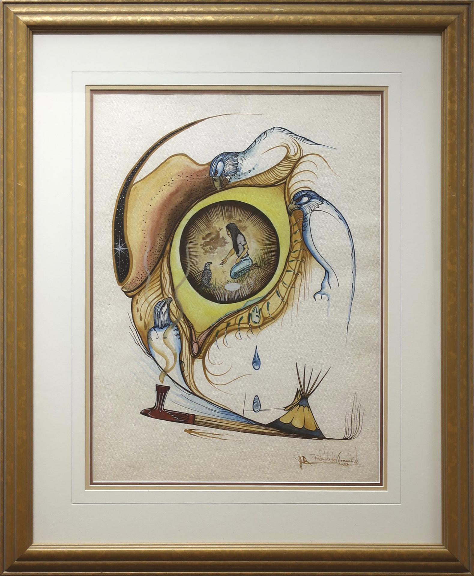 Robert Kakaygeesick Jr (1948) - Untitled (Peace Pipe With Birds)