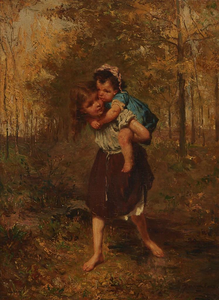 André Henri Dargelas (1828-1906) - Big Sister Piggy-Backing Baby Over A Stream