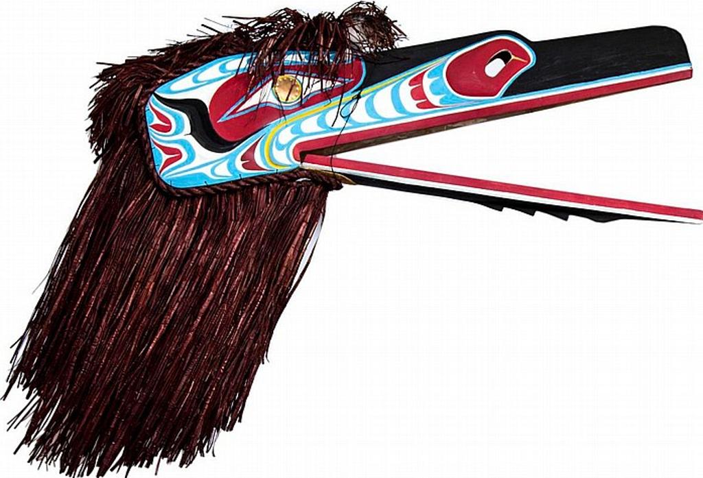Jonathan Jacobson - a carved and polychromed Raven mask with cedar strip hair