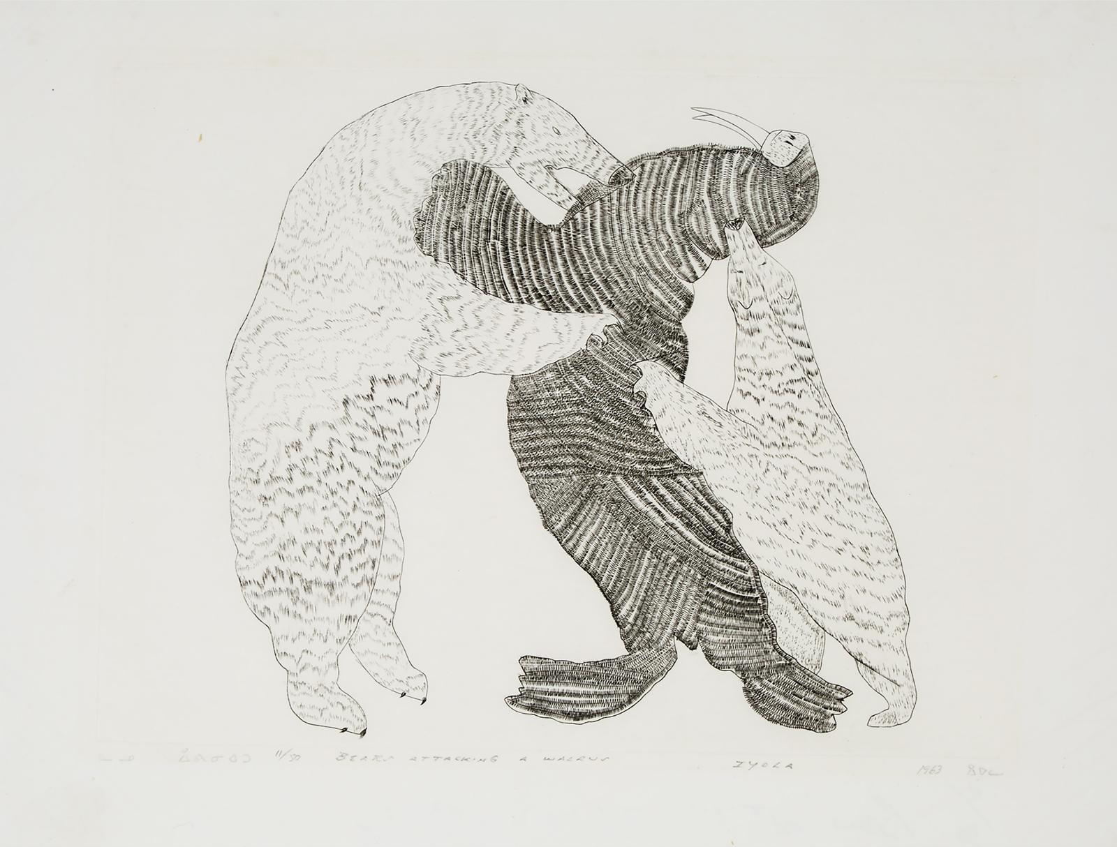 Iyola Kingwatsiak (1933-2000) - Bears Attacking A Walrus