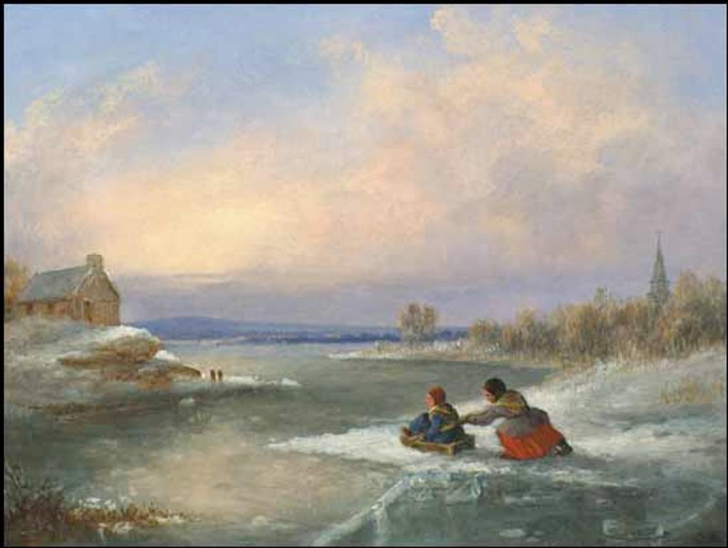 Cornelius David Krieghoff (1815-1872) - Children Playing with Home-made Sleigh