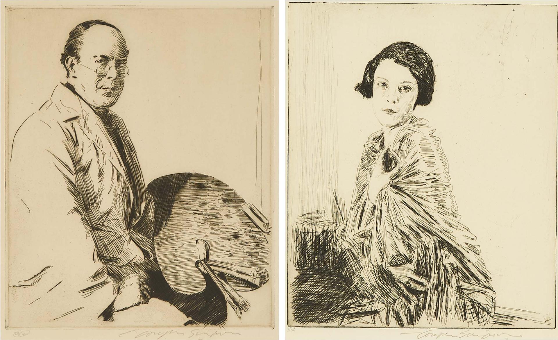 Joseph Simpson - Artist Seated (Self-Portrait, Seated Half-Length To Right, Holding Palette And Brushes), 1925; Betty, 1927