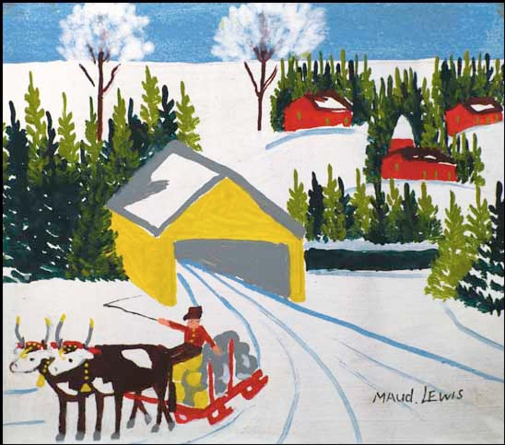 Maud Kathleen Lewis (1903-1970) - Covered Bridge with Oxen Hauling Logs