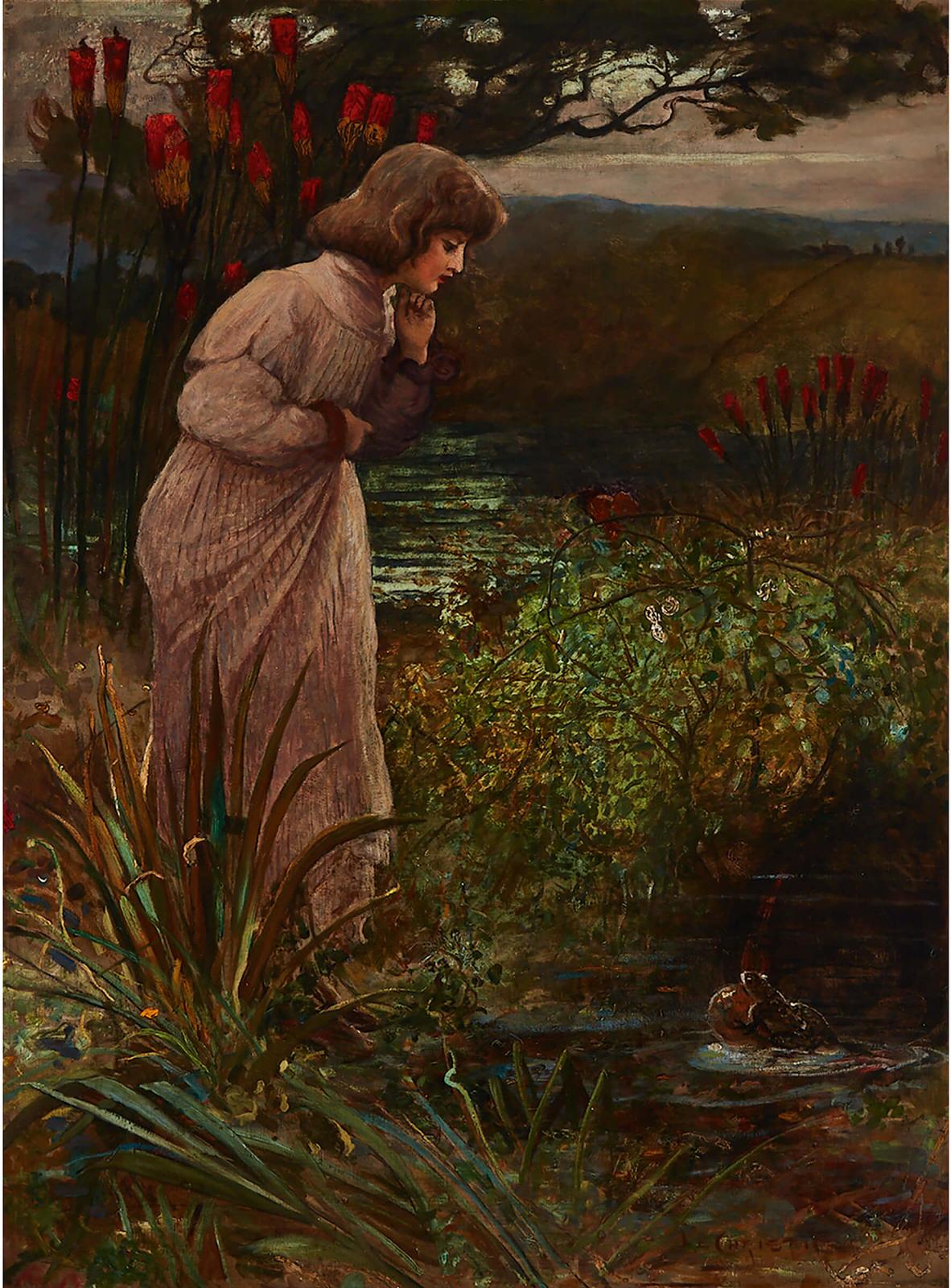 James Elder Christie (1847-1914) - Girl Watching A Toad On A Gold Ball