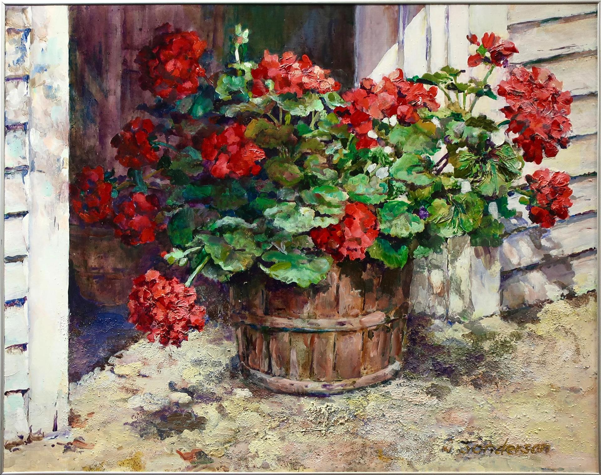 Beverley (Bev) Sanderson - Untitled (Geraniums In A Half Barrel Planter)