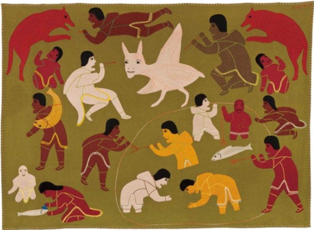 Victoria Mamnguqsualuk (1930-2016) - Fishing weir scene with winged spirit and wolves, ca. 1970-73, stroud