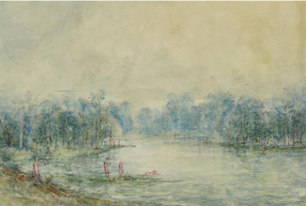 William Freeman (1853-1943) - Crowds Of Bathers Gathered At A Misty Woodland Pool