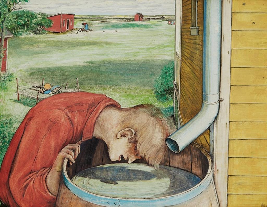 William Kurelek (1927-1977) - Yelling at Young Mosquitos in Rain Barrel