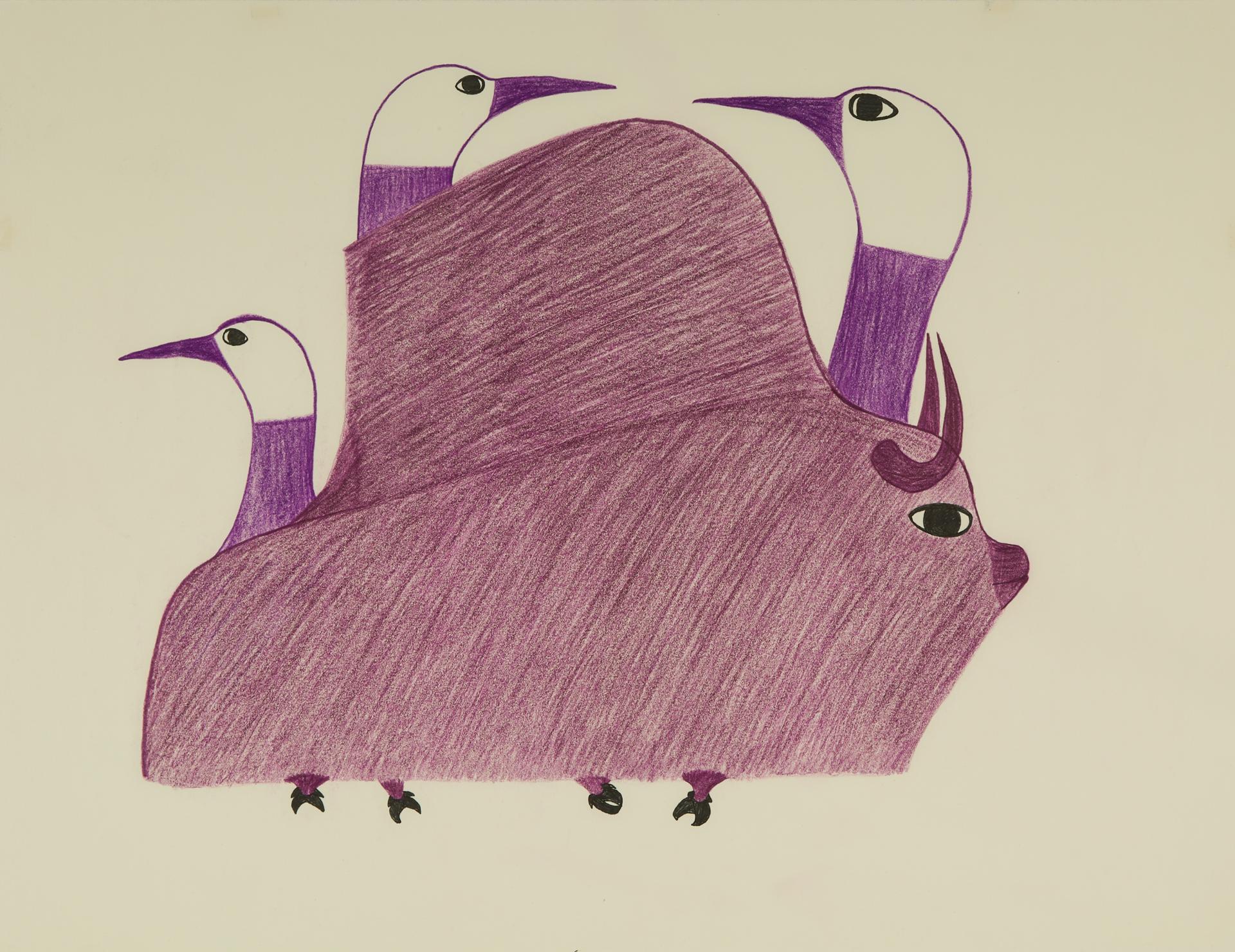 Pudlo Pudlat (1916-1992) - Muskox With Birds