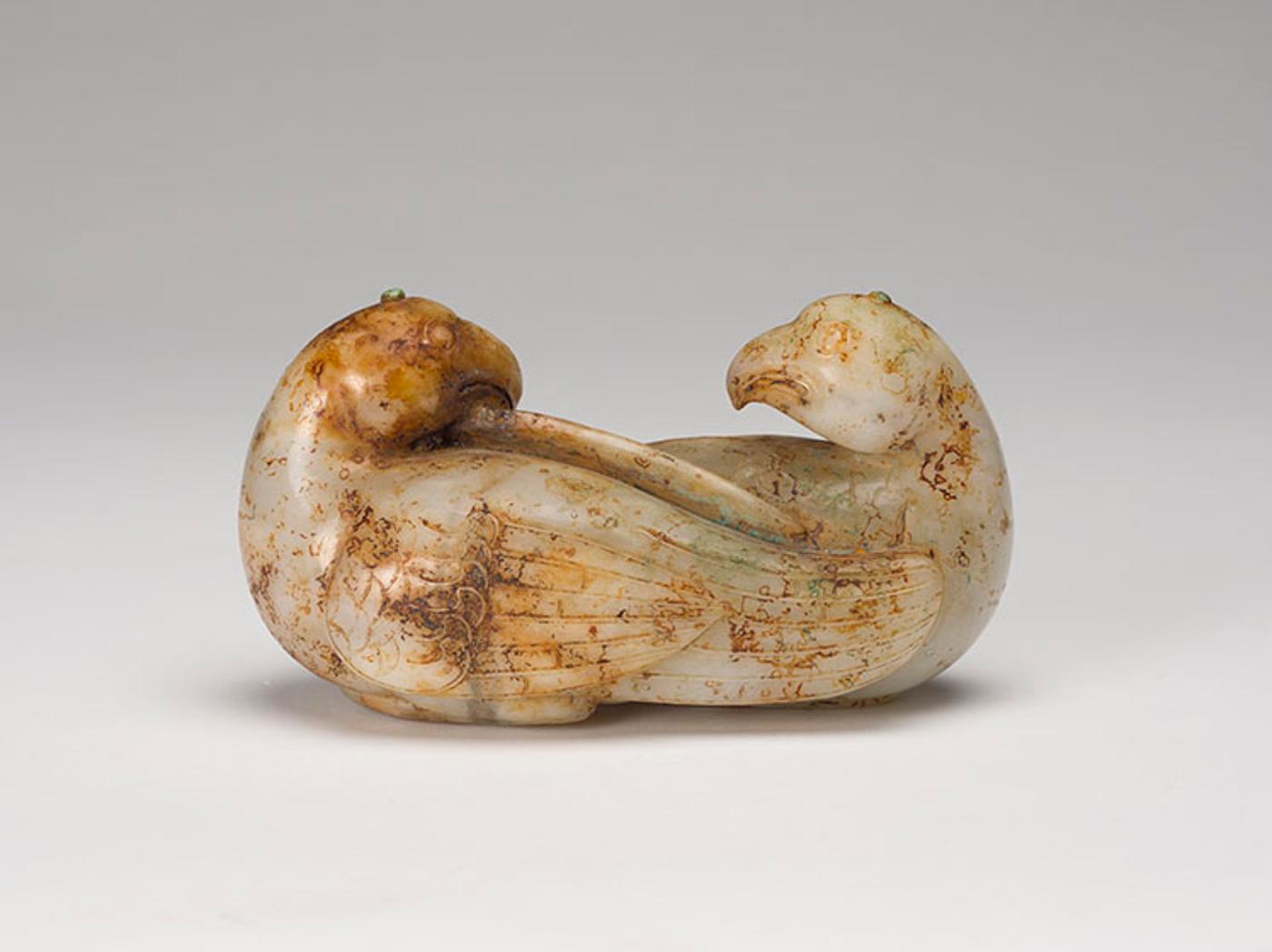 Chinese Art - A Large Chinese White and Russet Jade Double Quail, Late Qing Dynasty