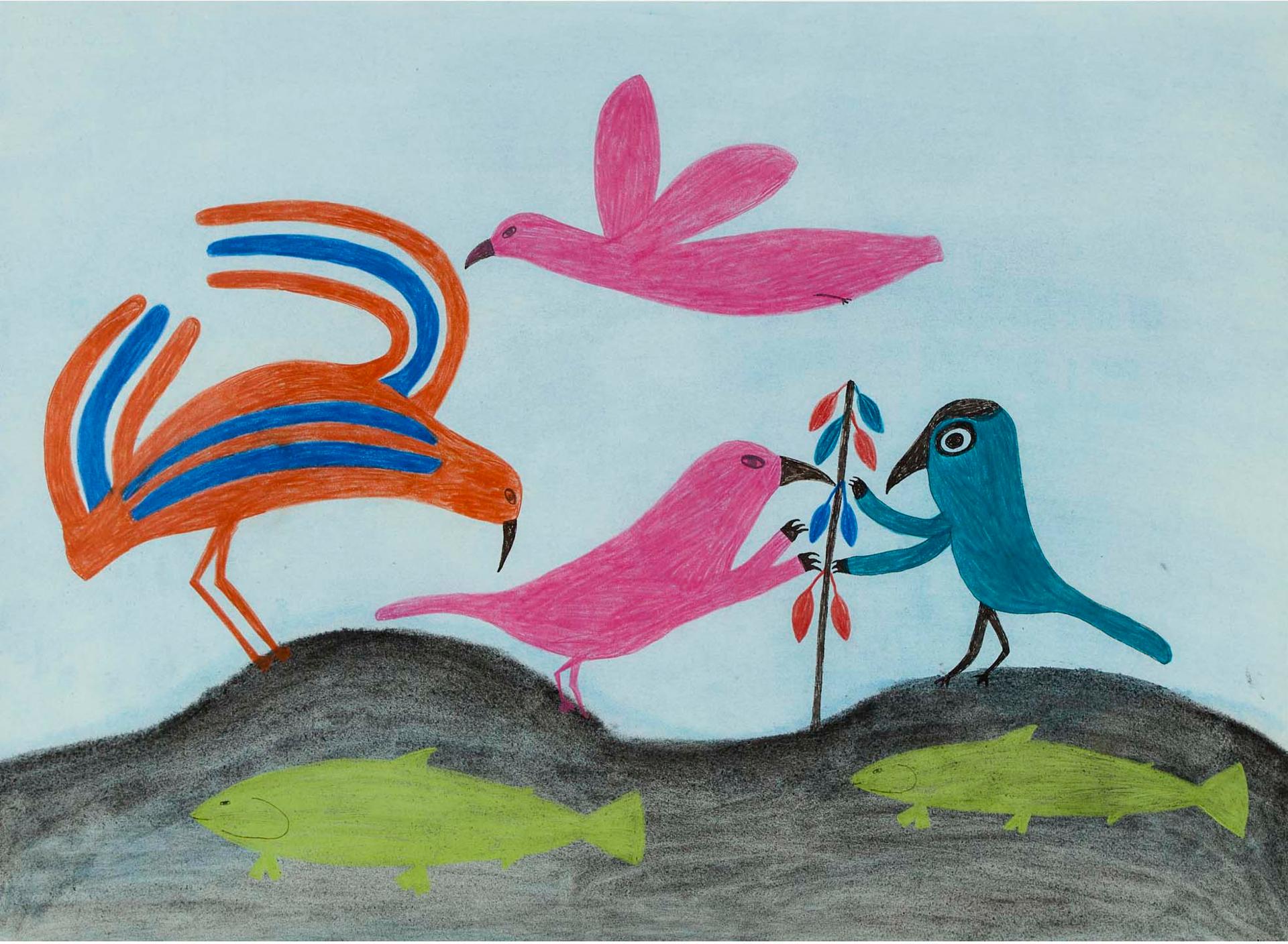 Lucy Qinnuayuak (1915-1982) - Untitled (Birds And Fish), Circa 1977