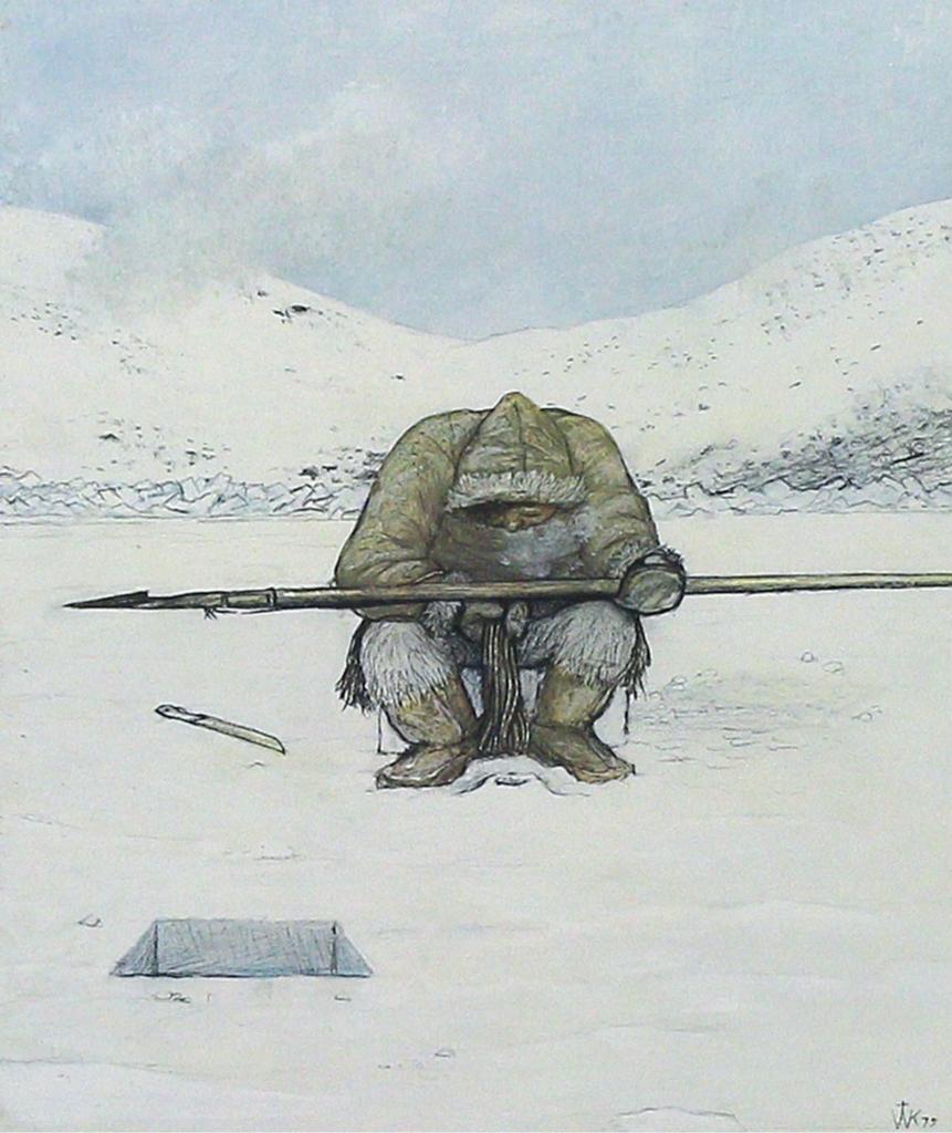 William Kurelek (1927-1977) - Hunter At Breathing Hole; 1975