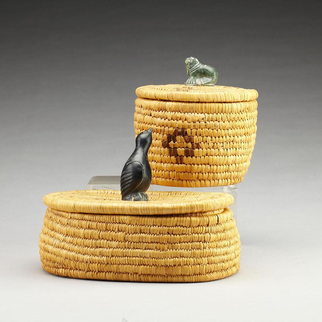 Allie Kasudluak (1926-1982) - Two Lidded Baskets With Bird And Walrus Knops