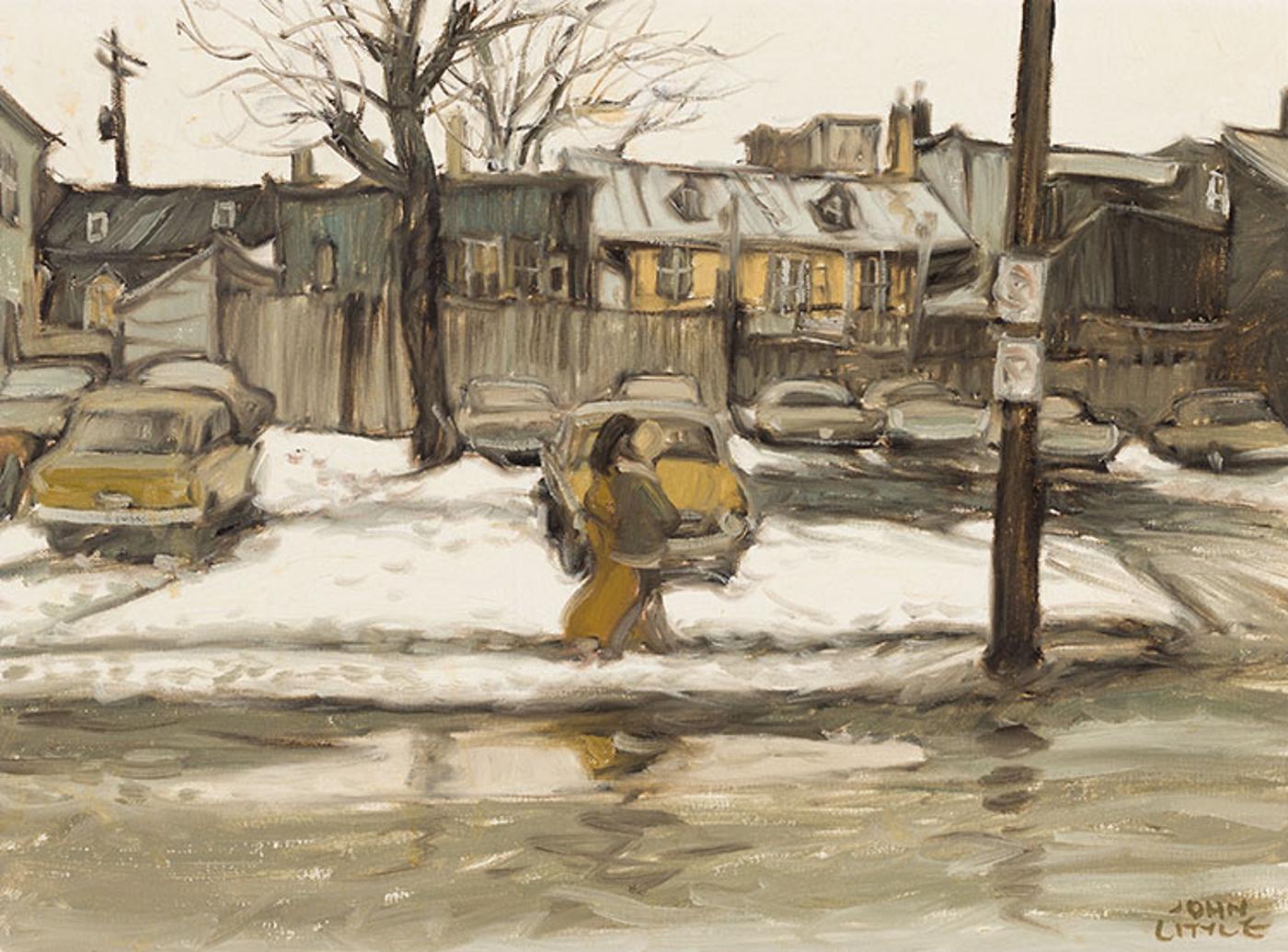 John Geoffrey Caruthers Little (1928-2024) - Deux jeunes filles avec une flaque d'eau, rue de la Salle, Québec