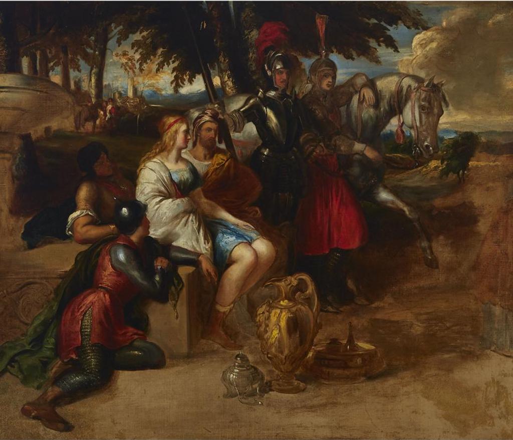Daniel Maclise (1806-1870) - Couple Relating A Story To Soldiers With Biblical Relics Before Them In A Landscape With Roman Ruins, Circa 1840