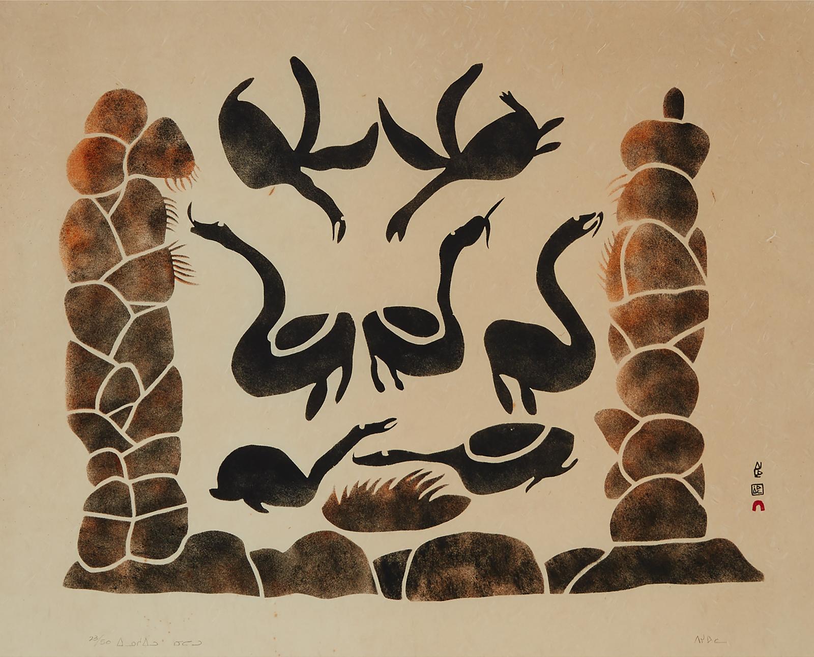 Pitseolak Ashoona (1904-1983) - Innukshuit And Geese