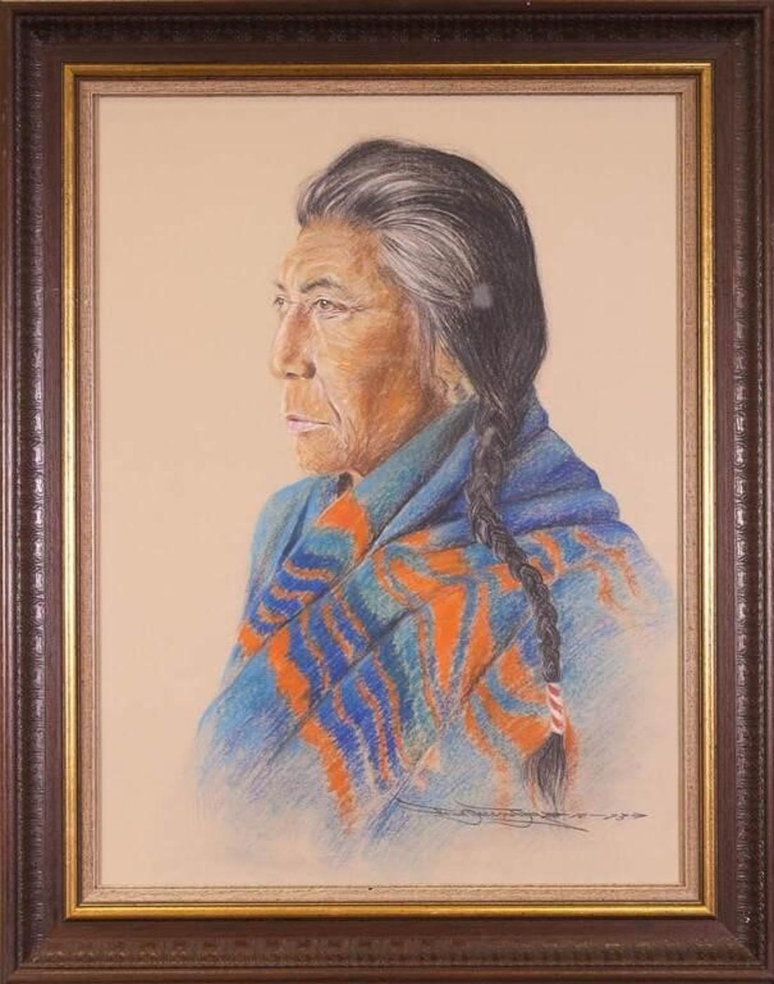John Decoutau - Untitled, Portrait of an Elder in a Blue & Orange Blanket