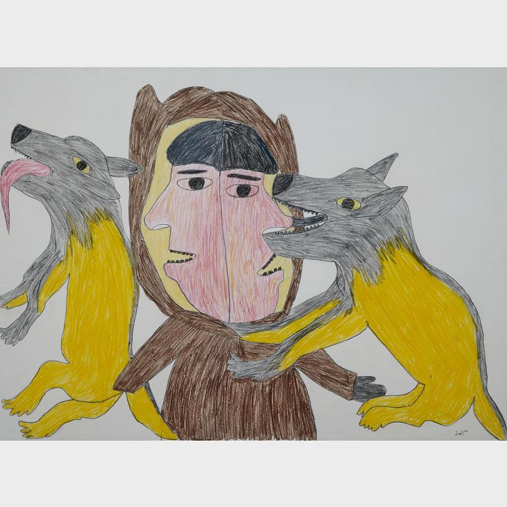 Simon Tookoome (1934-2010) - Composition With Opposing Faces And Wolves