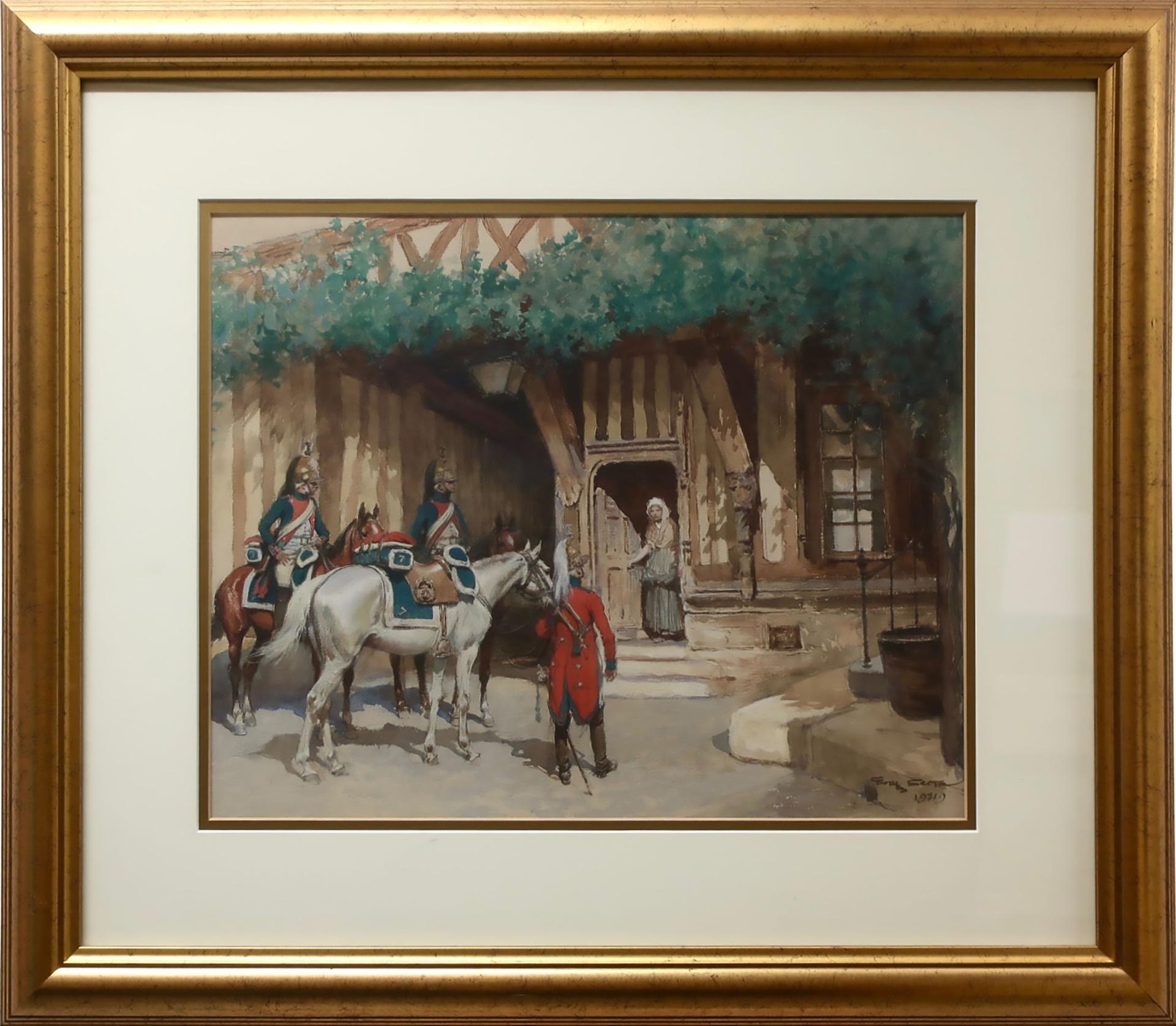 Georges Bertin Scott (1873-1942) - Officers Outside Of An Inn